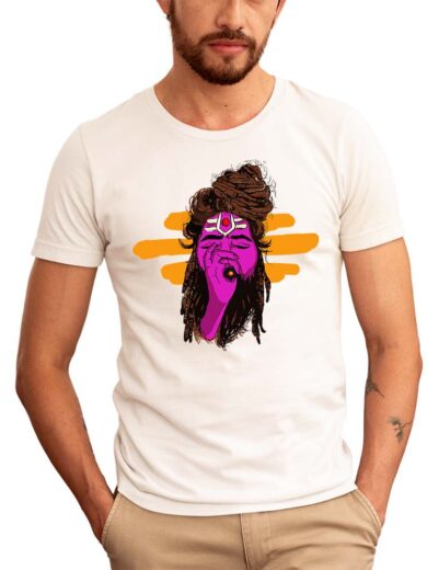 Aghori Mahadev Graphic White T-Shirt | Colored Shiva Spiritual Print Tee